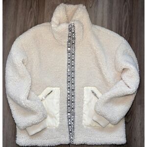 Levis Sherpa Fleece Jacket Cream Off White Geometric Trim Zip Up Womens Small‎